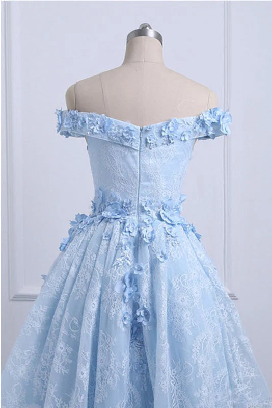 Back view of the sky blue off-shoulder A-line high-low lace dress.