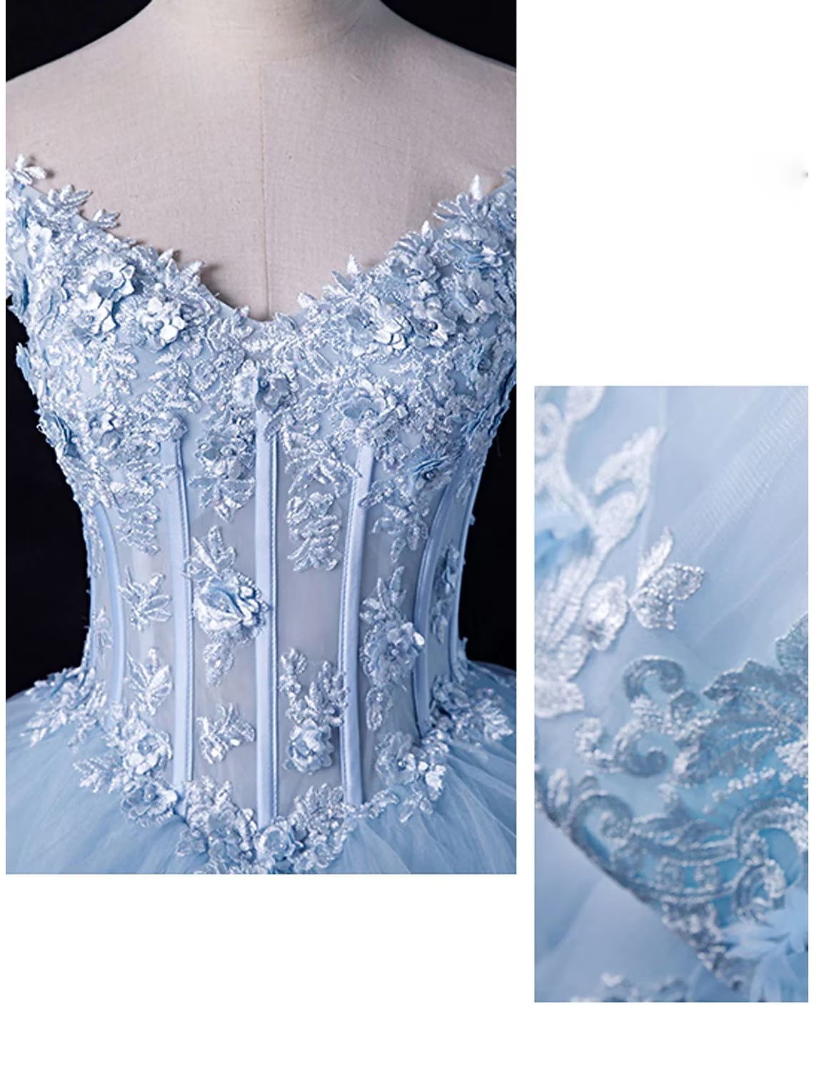 Back view of off-shoulder tulle ball gown with intricate appliques.
