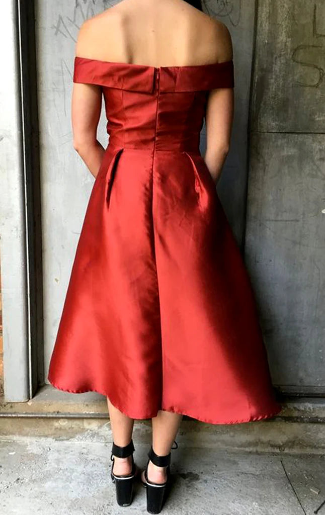 Off-shoulder ankle-length formal dress with Bardot neckline.