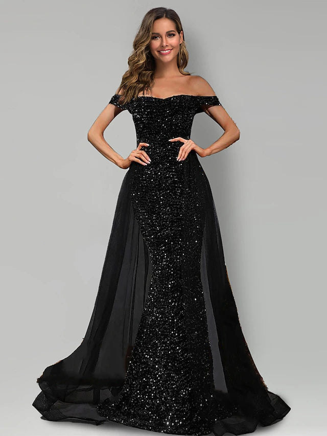 Elegant black sequin tulle mermaid trumpet evening gown with off-shoulder neckline.