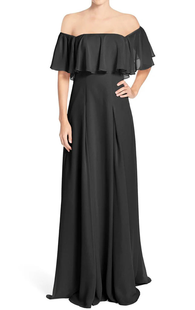 Elegant off-the-shoulder chiffon long bridesmaid dress.