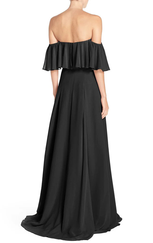 Off-shoulder formal evening gown in flowing chiffon.