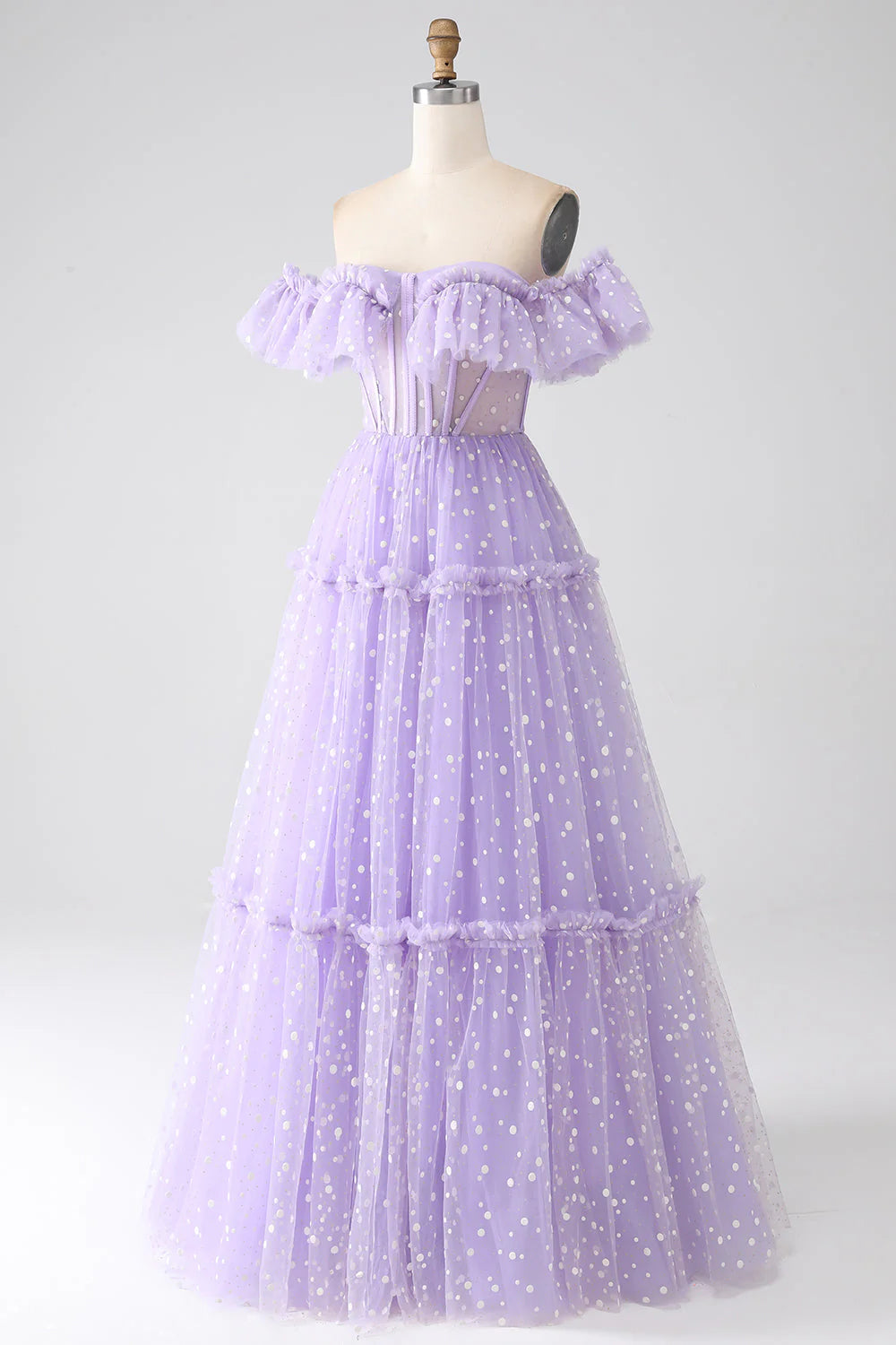 Another angle of the elegant lilac off-shoulder corset prom dress.