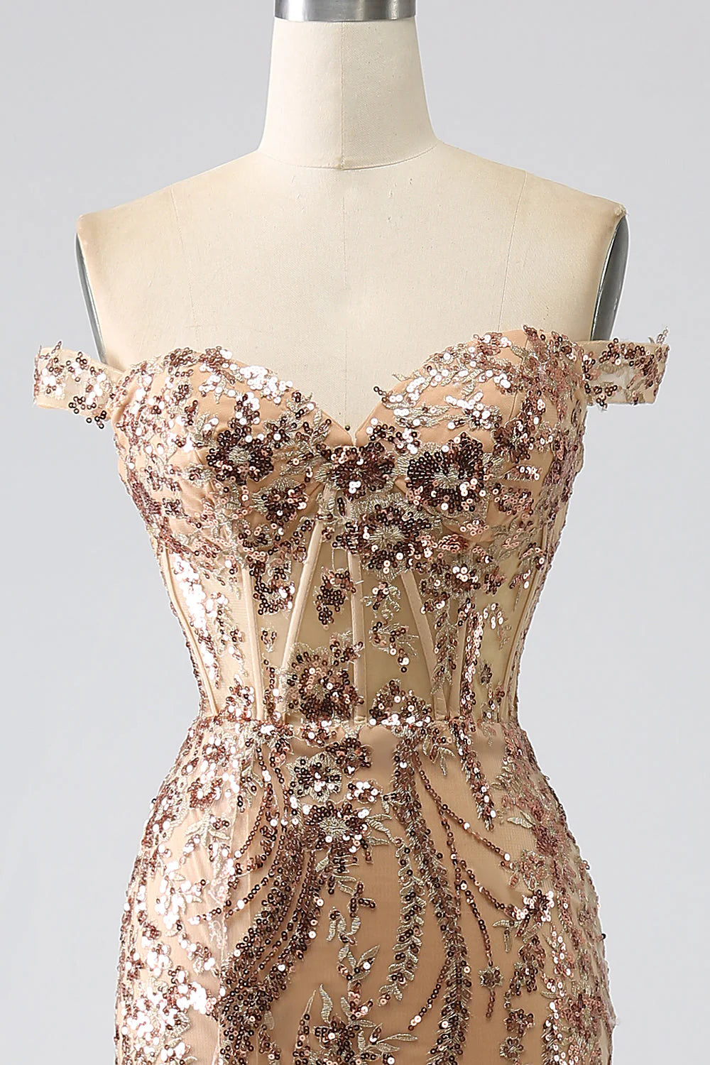 Full length view of champagne mermaid dress for formal occasions.