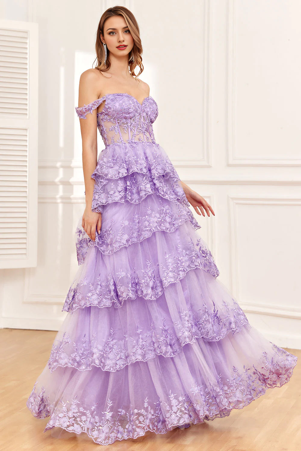Elegant purple off-shoulder corset tiered formal dress with a high slit.