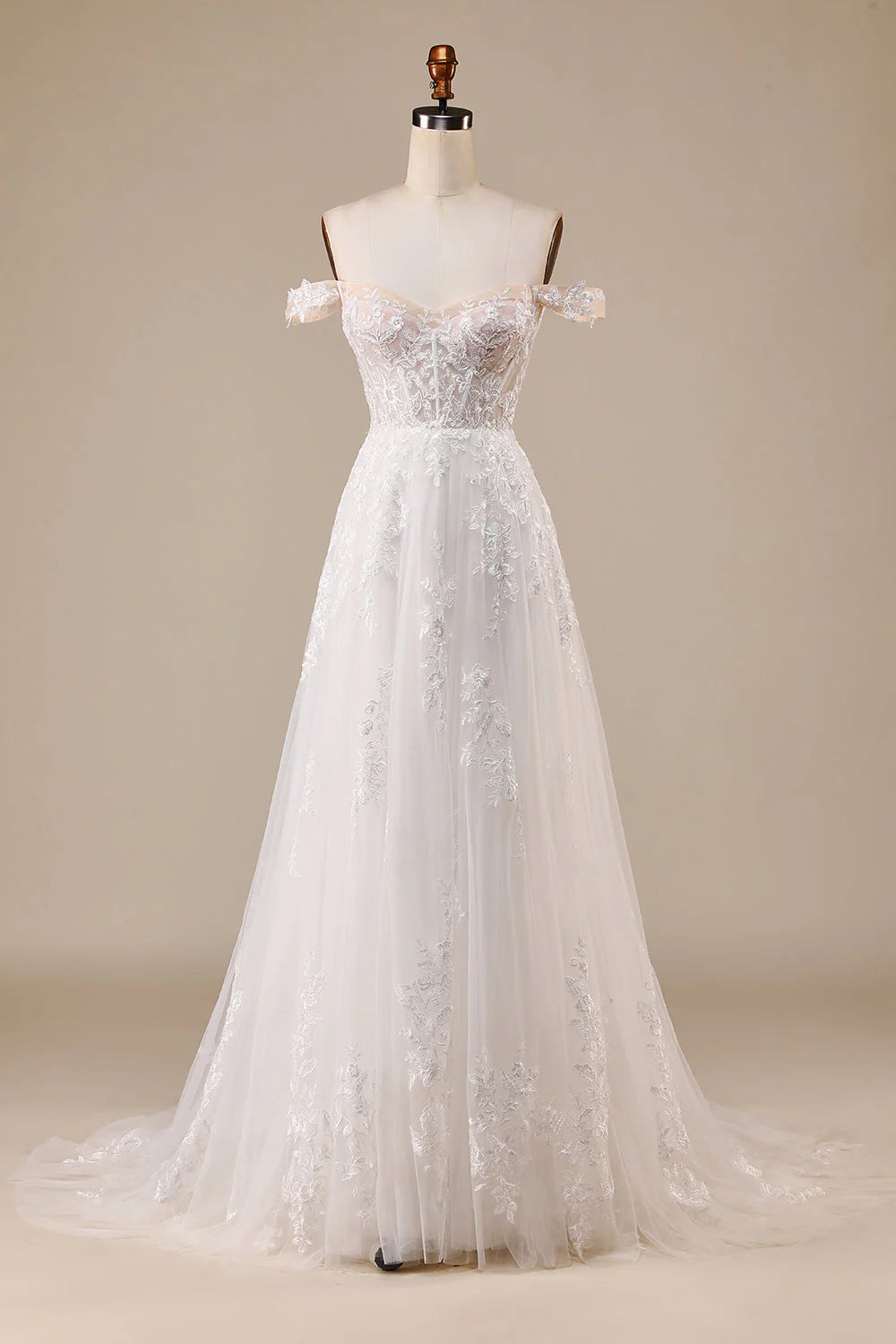 Ivory off-shoulder corset tulle A-line wedding dress, front view.