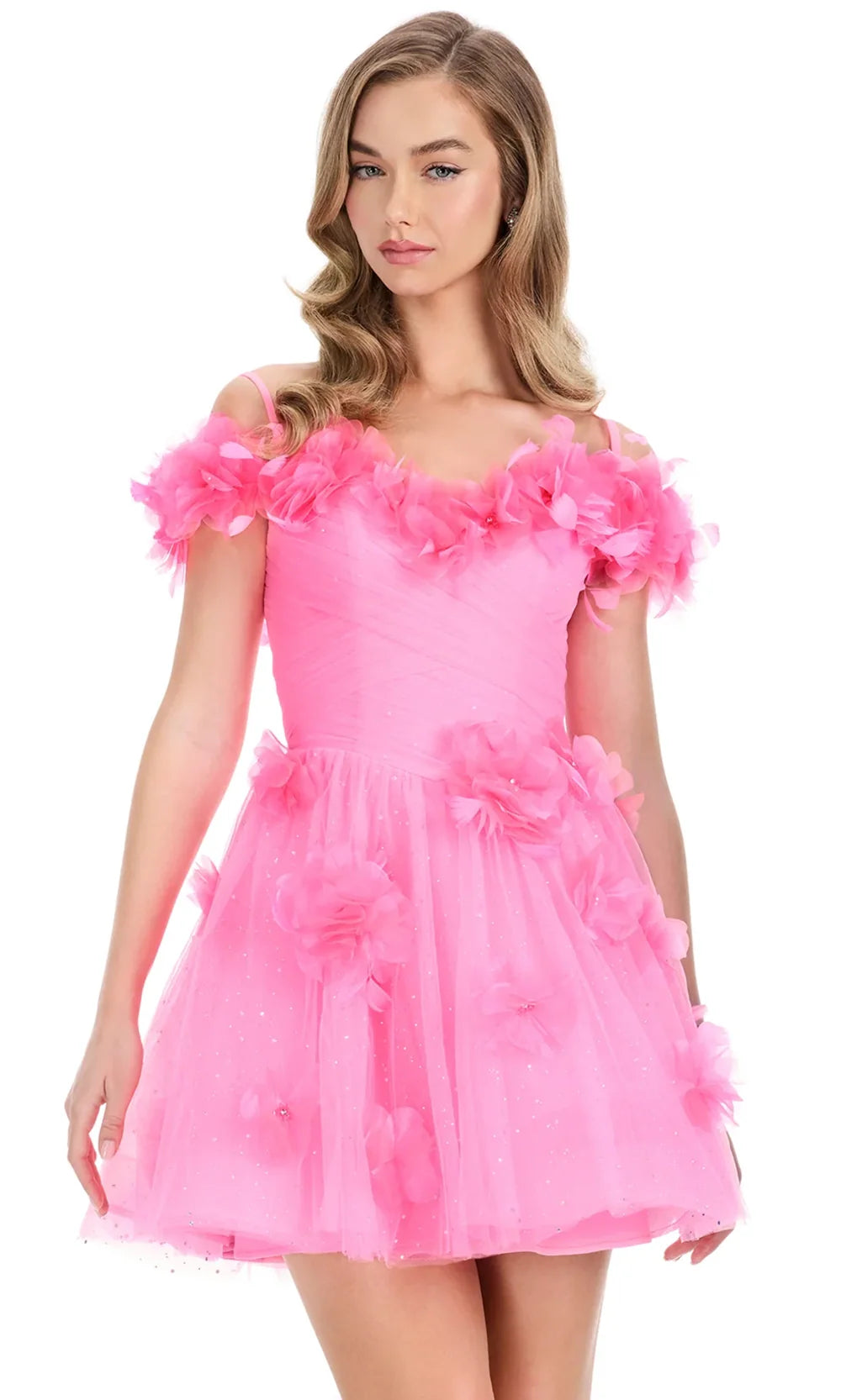 Model wearing a white off-shoulder floral applique glitter tulle mini homecoming dress.