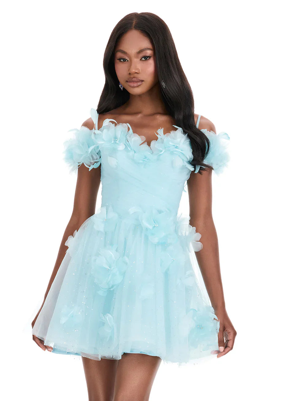 Back view of the light blue off-shoulder floral applique glitter tulle mini dress.