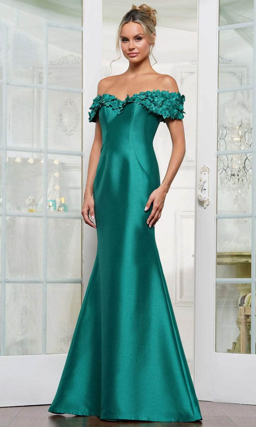 Elegant off-shoulder floral applique mermaid gown on a model.