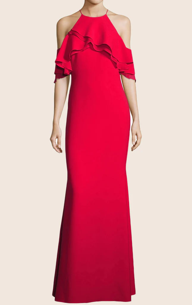 Elegant off-the-shoulder formal evening gown.
