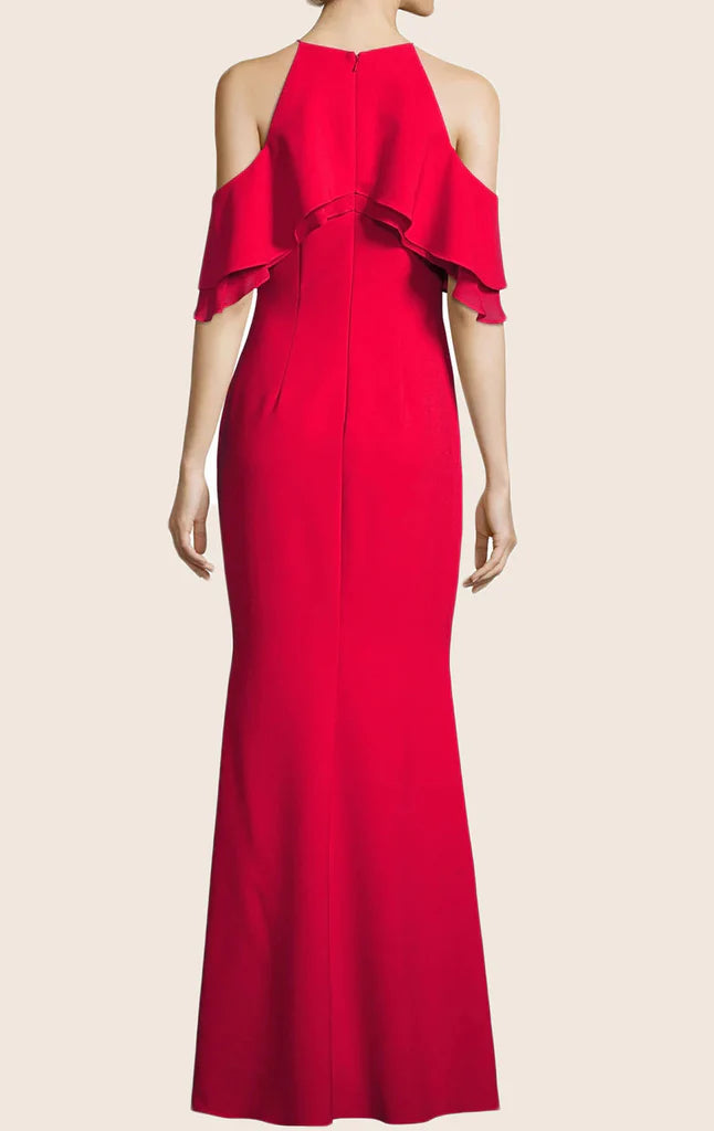 Off-the-shoulder long prom dress.