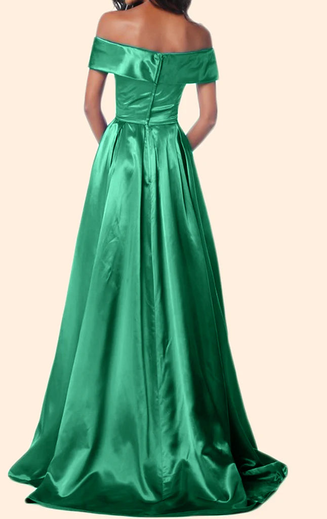 Woman wearing a formal off-shoulder ankle-length gown.