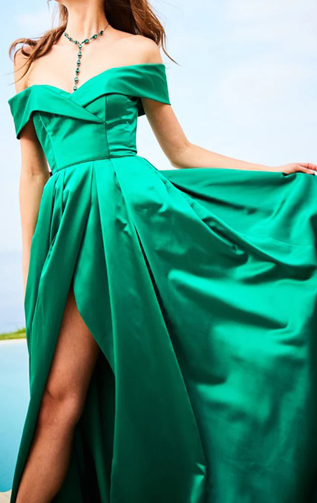 Sophisticated Bardot neckline on a long evening dress.