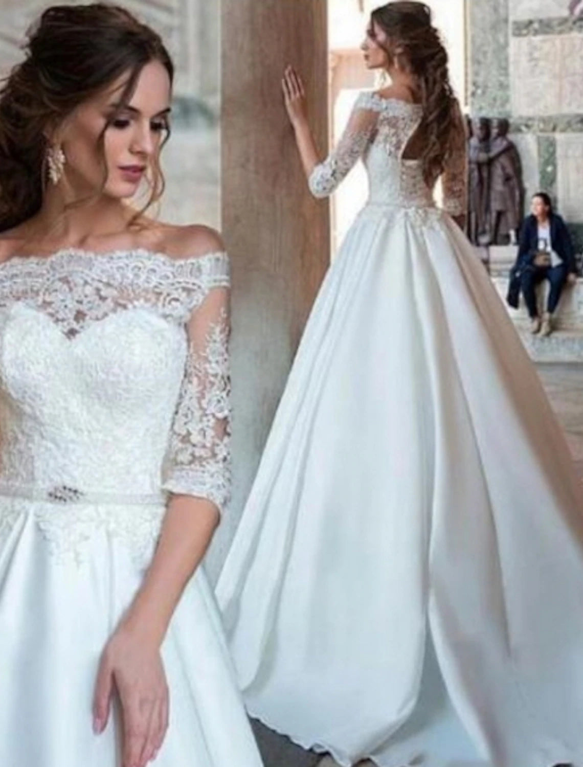 Elegant off-shoulder half-sleeve satin ball gown wedding dress with appliques and a sweep train.