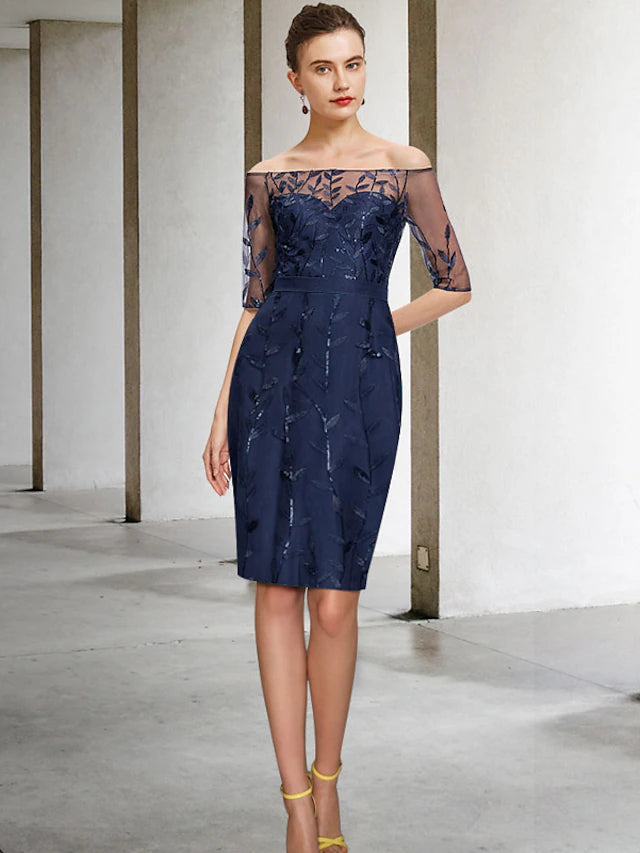 Woman wearing an elegant off-shoulder half-sleeve sequined knee-length mother of the bride dress.