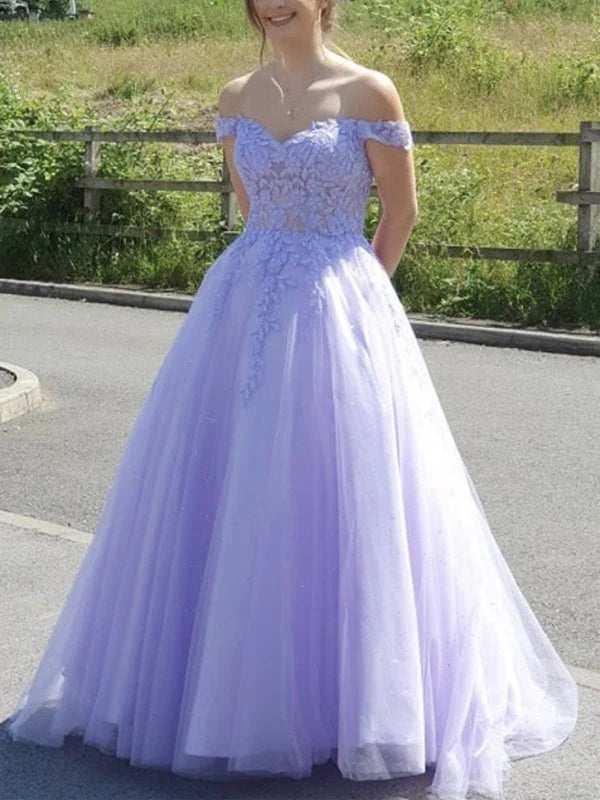 Elegant off-shoulder lace long prom dress with a flowing A-line skirt.
