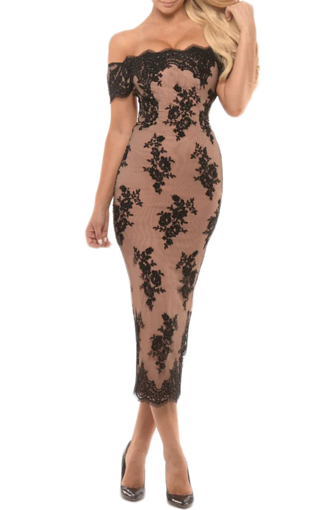 Elegant off-shoulder lace tea length dress.