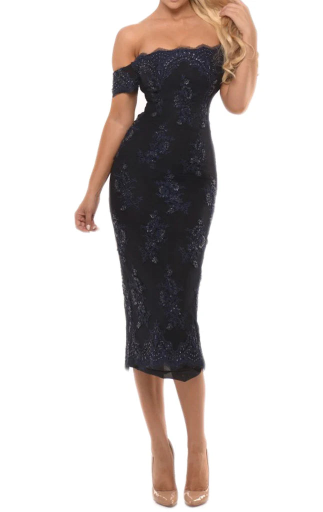 Side view of the lace tea length cocktail dress.