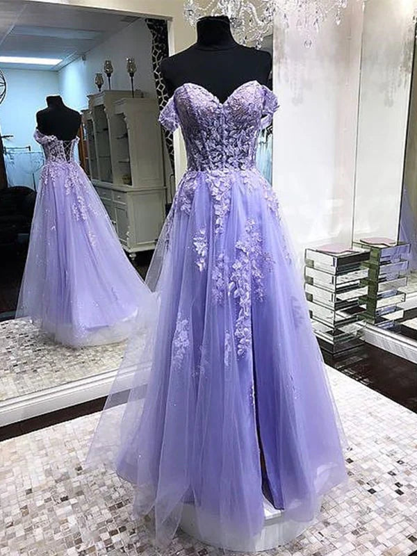 Elegant purple off-shoulder lace long prom dress.