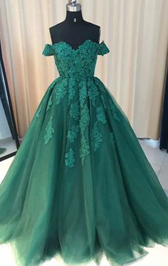 Model wearing an elegant off-shoulder lace A-line prom dress.