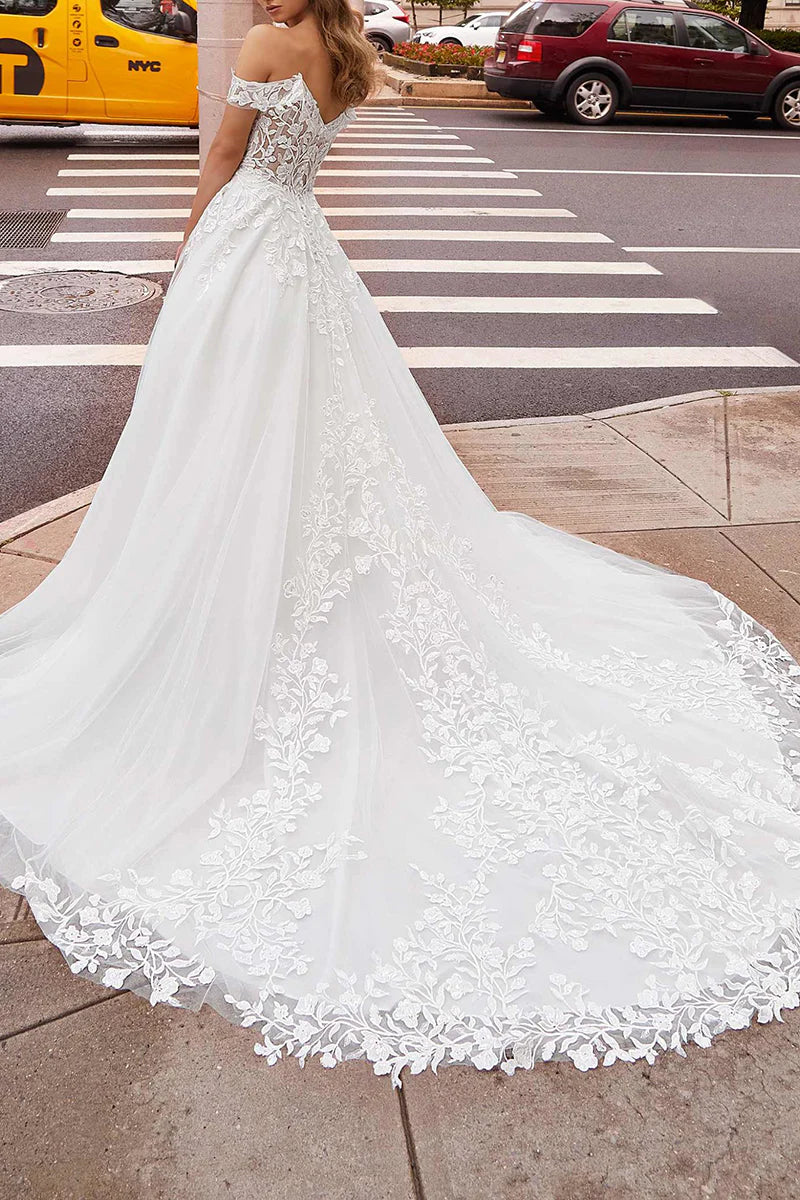 Back view of the lace appliques wedding gown.