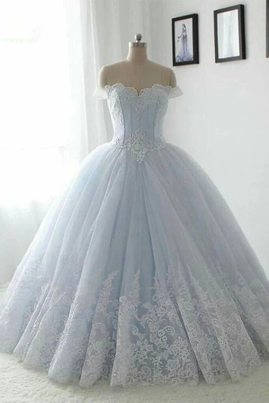 Elegant off-the-shoulder lace ball gown for Quinceanera.