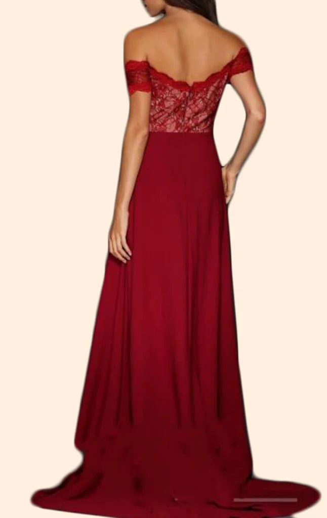 Back view of an off-shoulder lace and chiffon long prom dress.