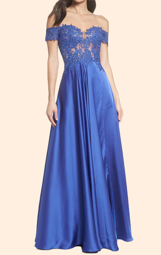 Elegant off-shoulder lace and chiffon long prom dress.