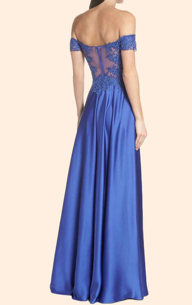 Full length view of the off-shoulder lace chiffon formal gown.
