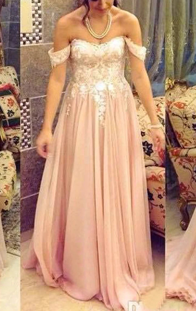 Model wearing an elegant off-shoulder lace and chiffon long prom dress.
