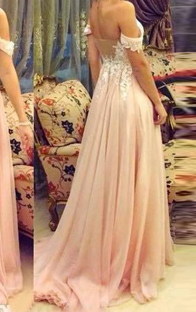 Elegant off-shoulder lace and chiffon long dress.