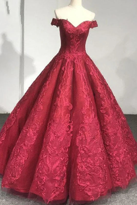 Elegant off-shoulder lace gown for prom, wedding, or quinceanera.