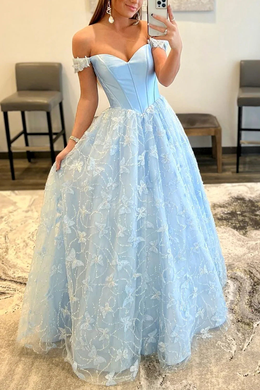 Blue off-shoulder lace long prom dress, front view.