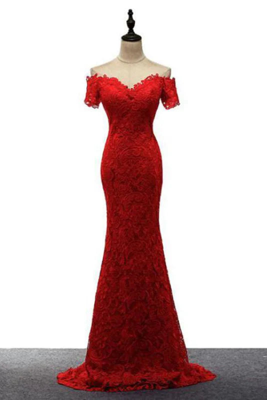 Elegant off-shoulder lace mermaid prom dress with a sweep train.