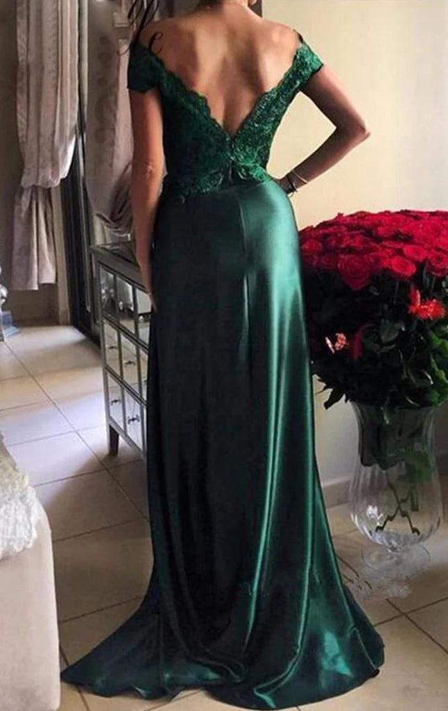 Woman posing gracefully in a sophisticated off-shoulder lace satin evening dress.