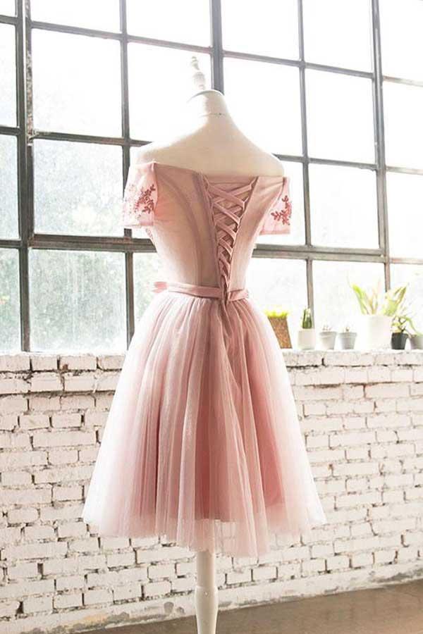 Pink off-the-shoulder lace tulle short homecoming dress.