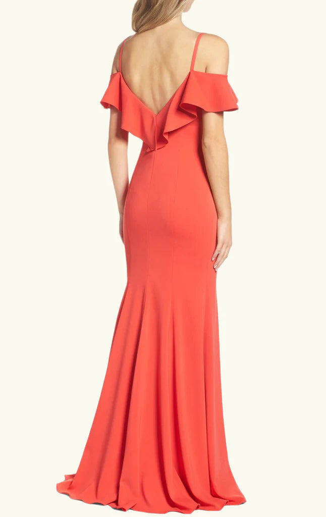 Off-shoulder formal maxi dress for women, side view.