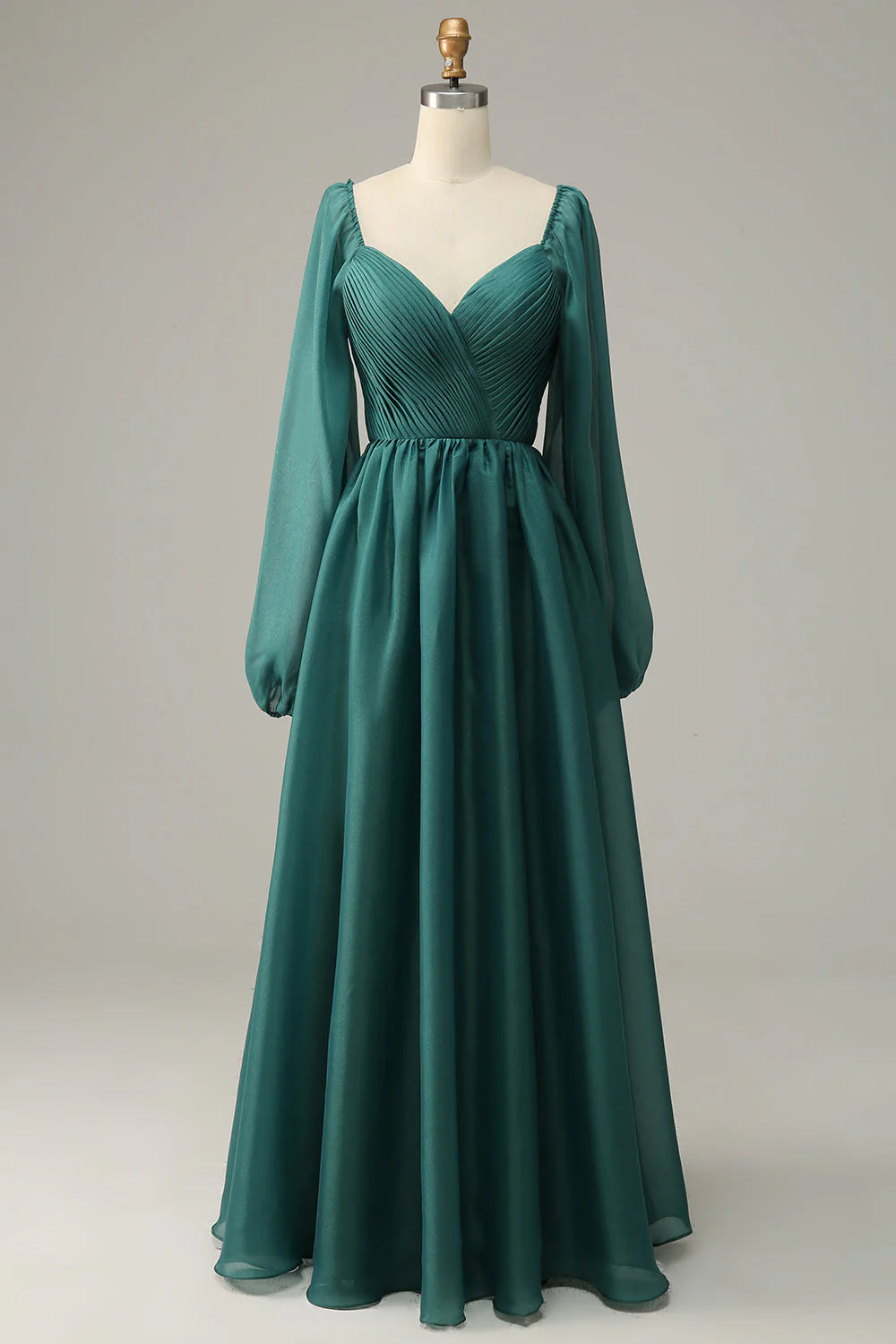 Elegant dark green off-shoulder long sleeve prom gown.