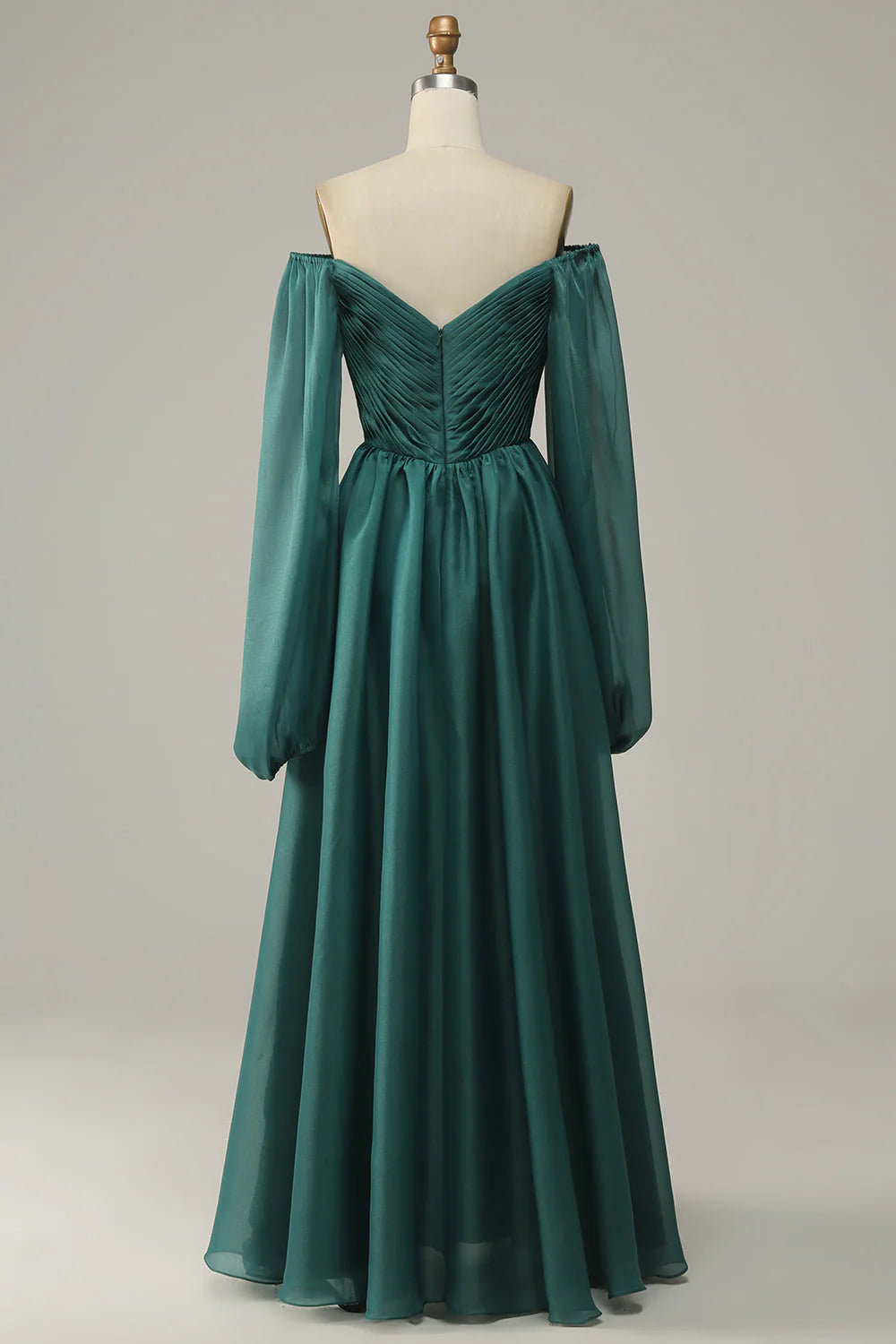 Model wearing a dark green A-line off-shoulder formal dress.