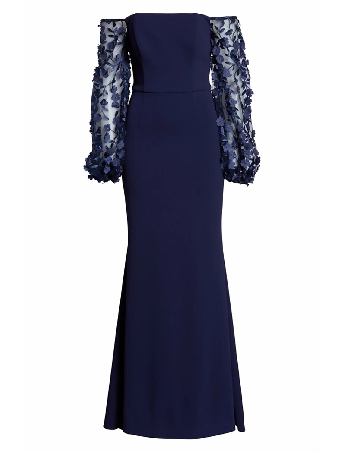 Elegant mermaid trumpet evening gown with off-shoulder long sleeves and appliques.
