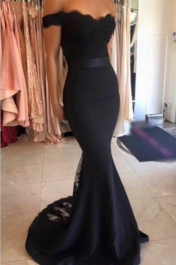 Elegant off-shoulder mermaid prom gown with ankle-length hem.