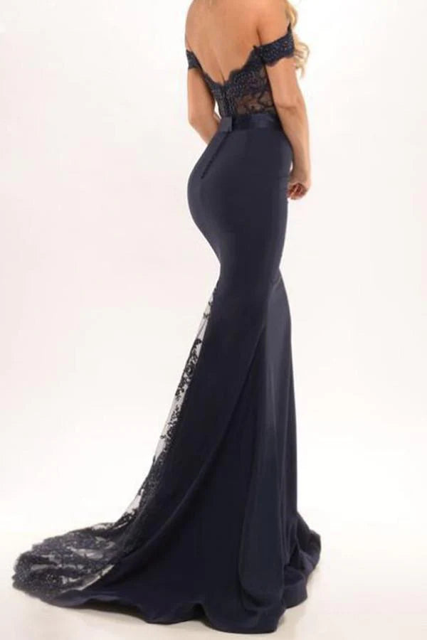 Mermaid style formal dress with off-shoulder neckline.