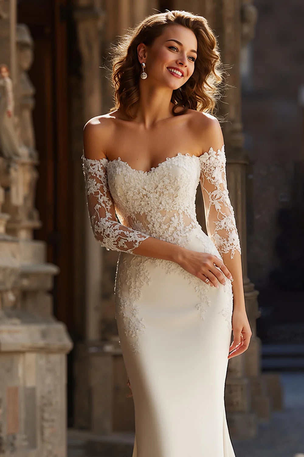 Back view of an ivory mermaid wedding gown featuring a delicate lace court train.
