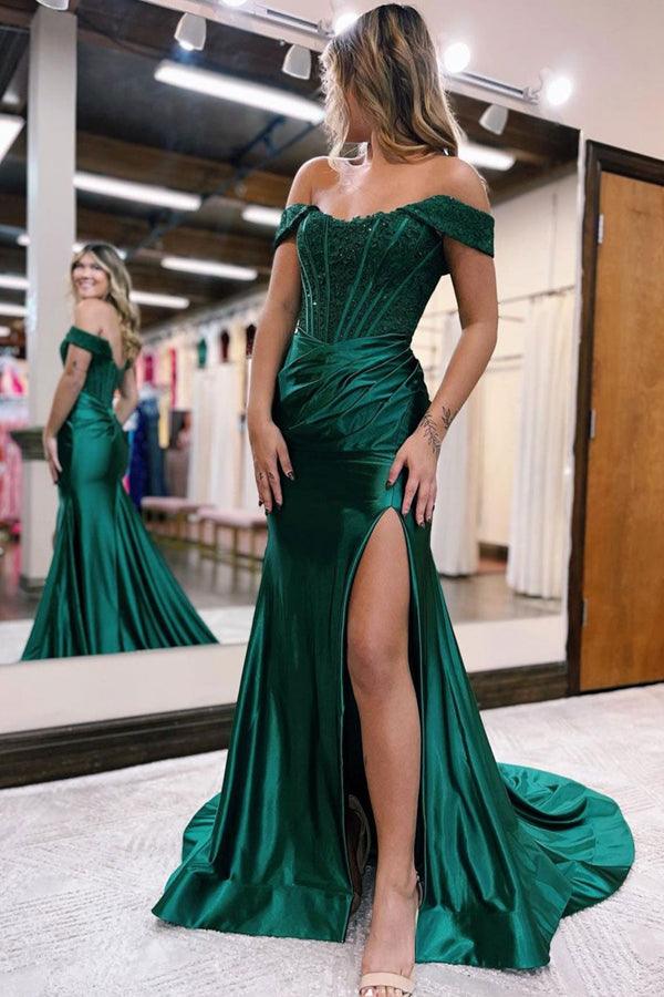 Elegant off-shoulder mermaid prom dress in satin and lace.