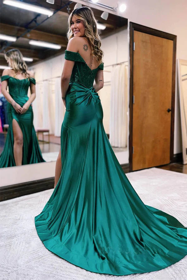 Back view of a long mermaid formal dress with off-shoulder neckline.