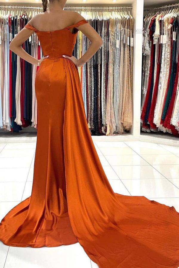 Mermaid off-shoulder satin formal gown, side view.