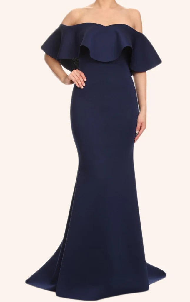 Elegant off-shoulder mermaid satin prom dress.