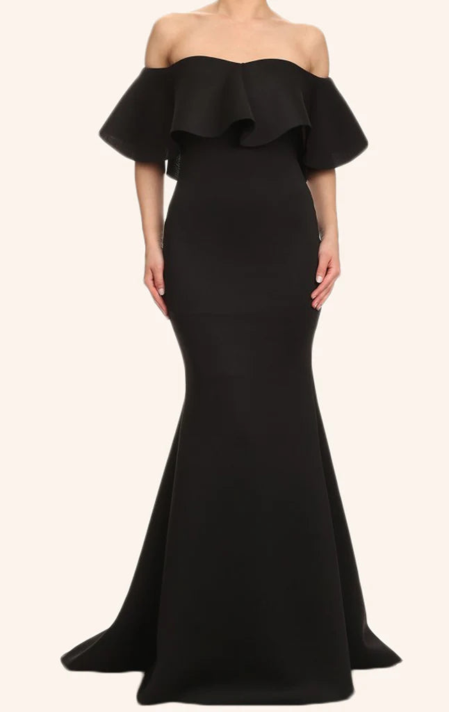 Mermaid off-shoulder satin dress from a different angle.
