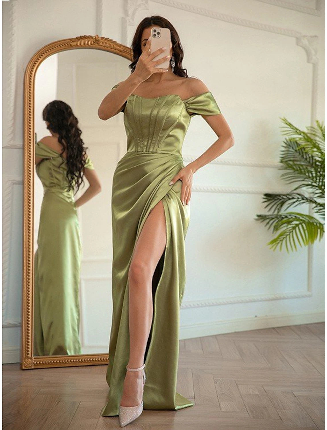 Elegant off-shoulder mermaid trumpet prom dress with a front slit.