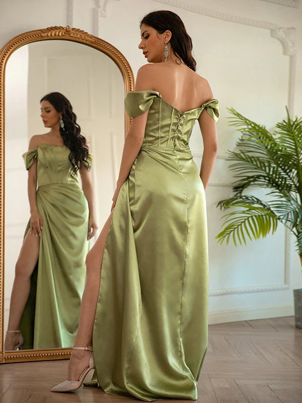 Detail of the off-shoulder neckline on the prom dress.